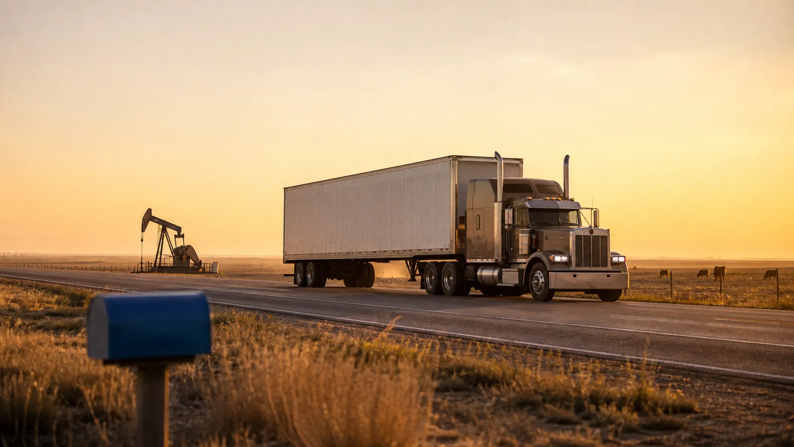 Tractor-trailer at speed on a straight Texas farm road past a pumpjack, sky-blue mailbox blurred at the edge