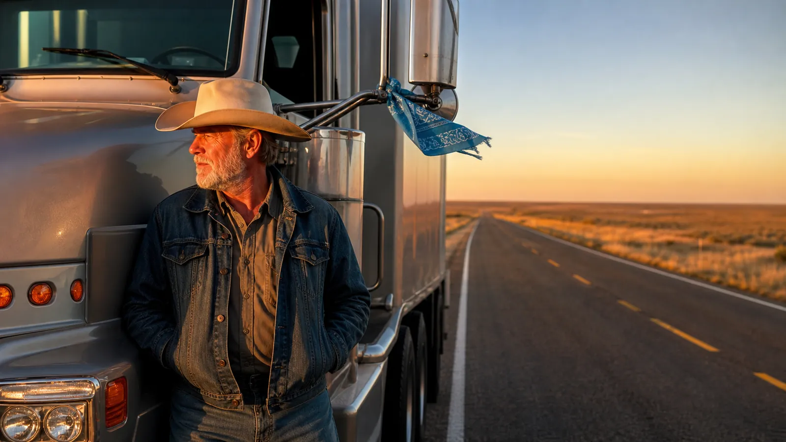 Veteran driver beside his unbranded rig on an empty two-lane road across the Texas plains at dawn