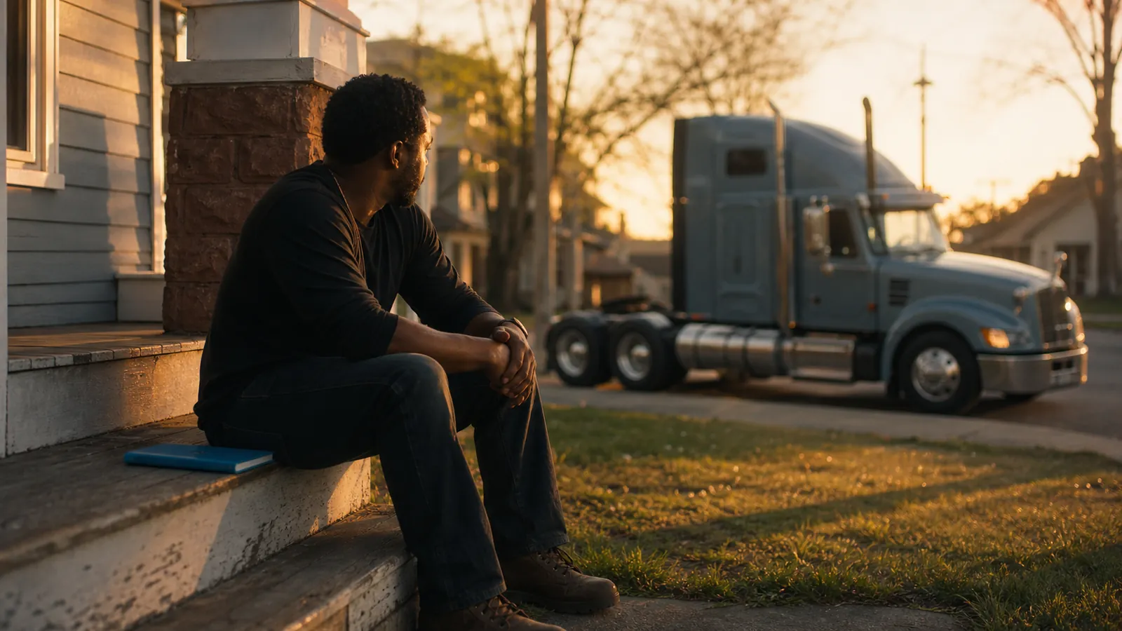 Owner-operator resting on porch steps at evening beside a closed sky-blue ledger, his tractor parked at the curb