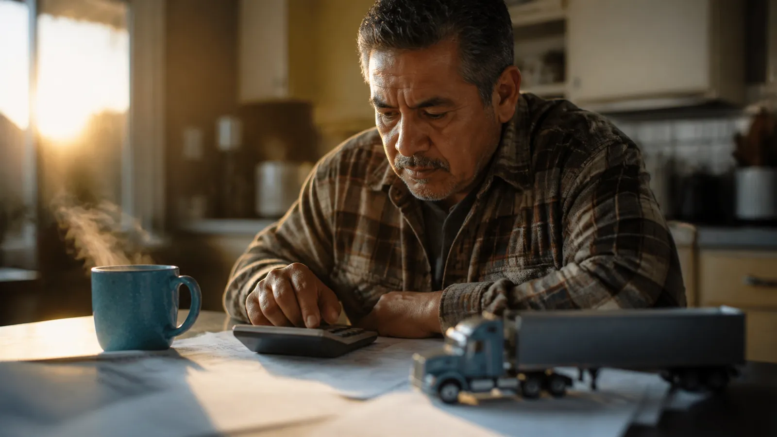 Owner-operator budgeting at a kitchen table at dawn with calculator, papers, and a model semi paperweight