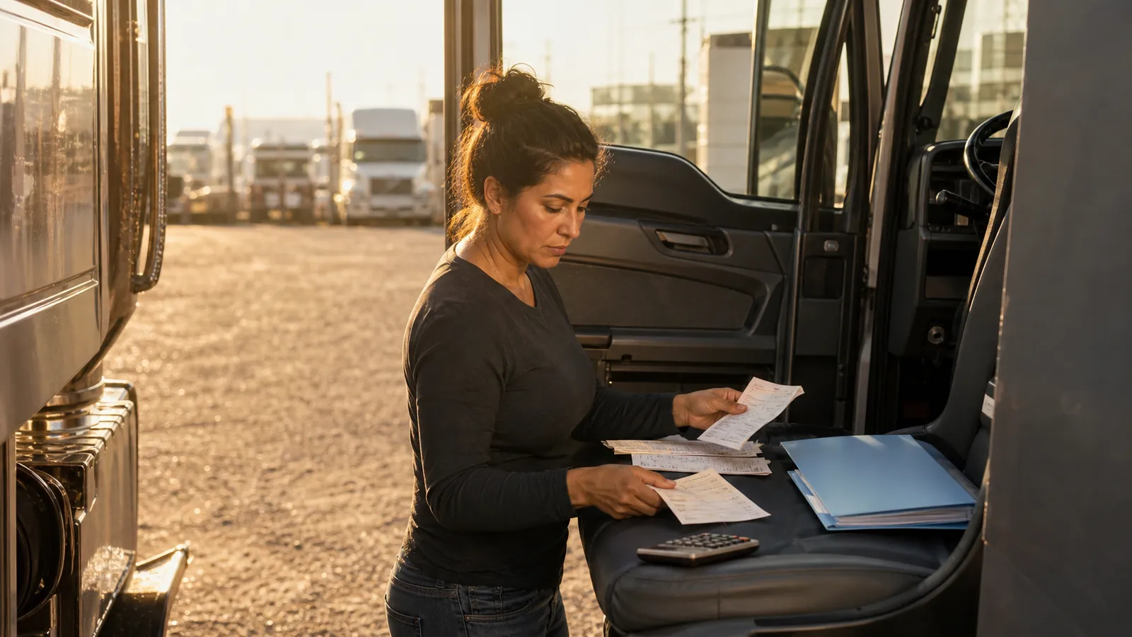 Owner-operator sorting unreadable receipts into piles at her truck's open door in a gravel yard