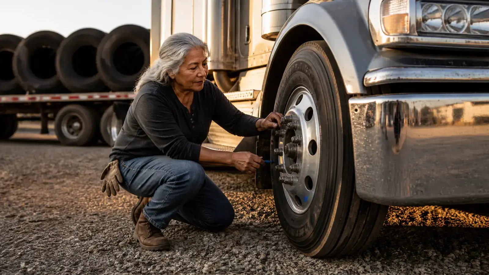 Owner-operator crouched at her tractor checking deep tread on new steer tires with sky-blue valve caps