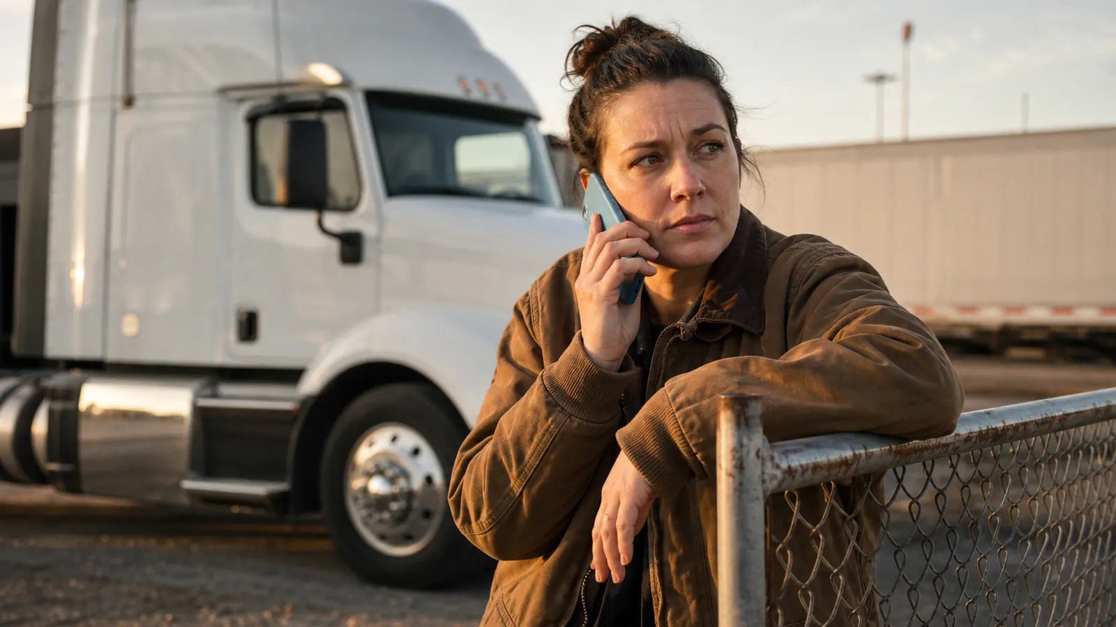 Skeptical owner-operator taking a sales call at the truck-yard fence, her unbranded cab behind her