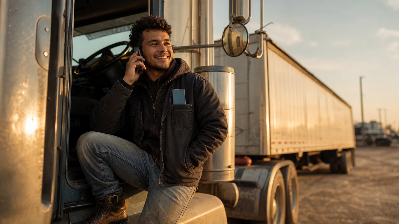 Young owner-operator on a relaxed phone call at his open cab door, sky-blue notebook in his chest pocket