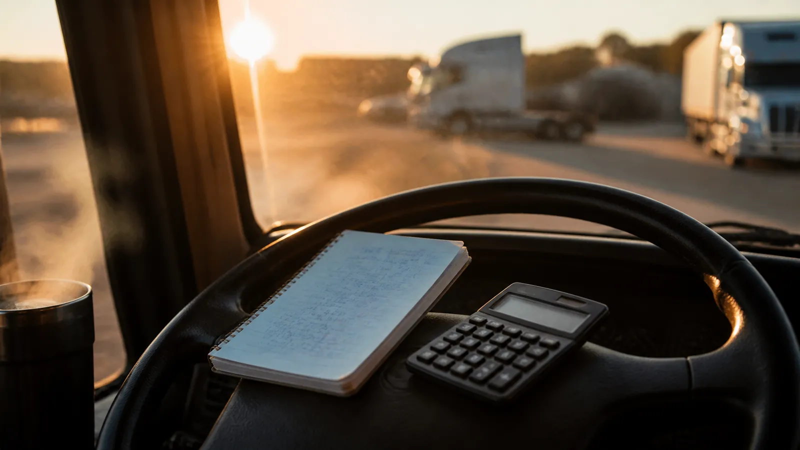 Notebook and calculator resting on a truck steering wheel at a rest-stop sunrise