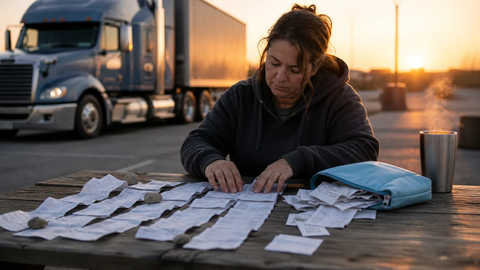 Owner-operator smoothing crumpled fuel receipts into rows on a rest-area picnic table at sunrise
